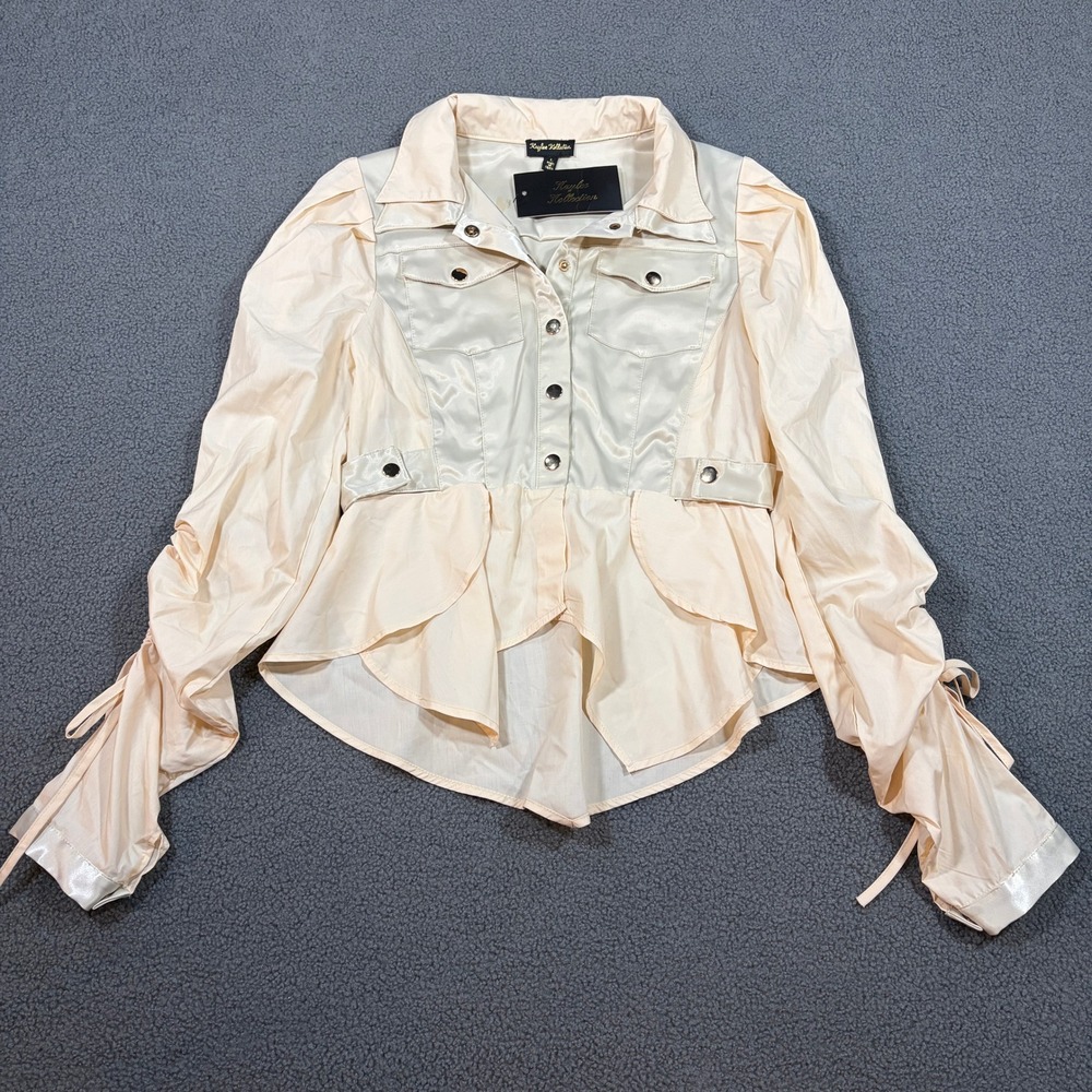Kaylee Kollection Jacket Womens L Taupe JK2577 Peplum Ruched Satin Mixed Media